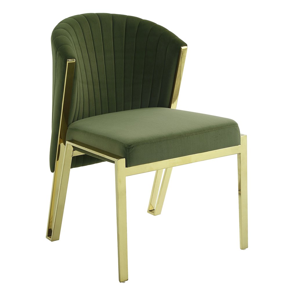 Set of Two Green and Gold Upholstered Velvet And Steel Wing Back Dining Side Chairs