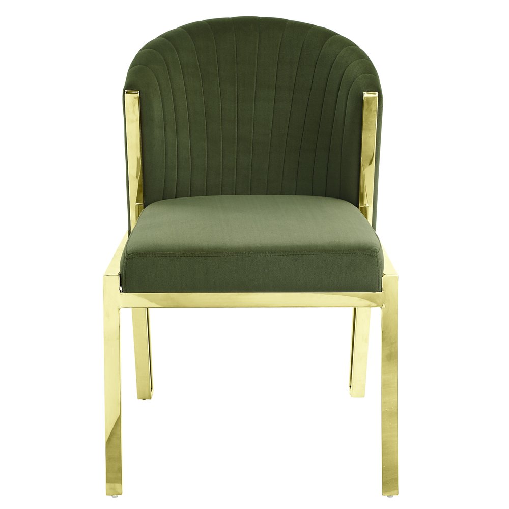 Set of Two Green and Gold Upholstered Velvet And Steel Wing Back Dining Side Chairs