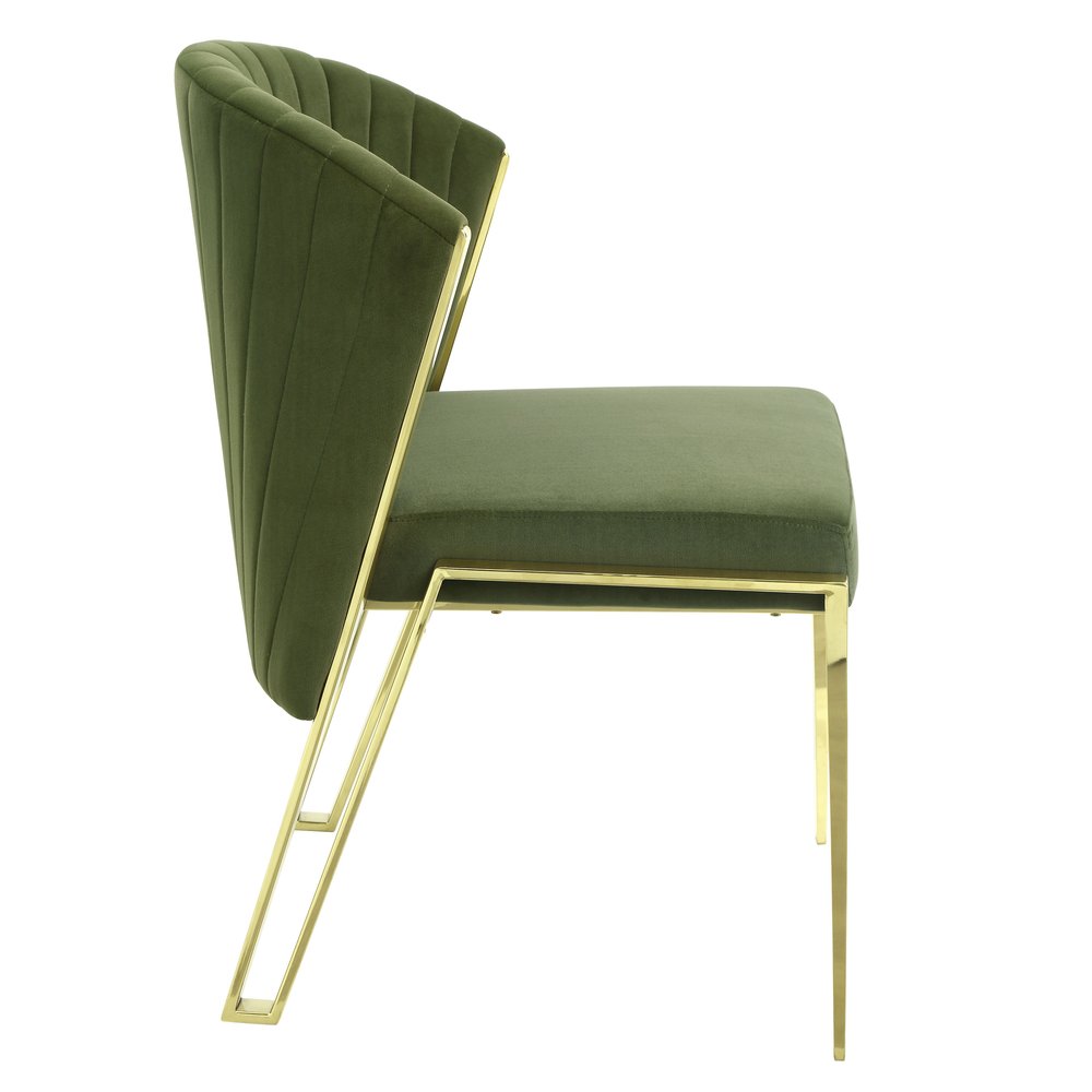 Set of Two Green and Gold Upholstered Velvet And Steel Wing Back Dining Side Chairs