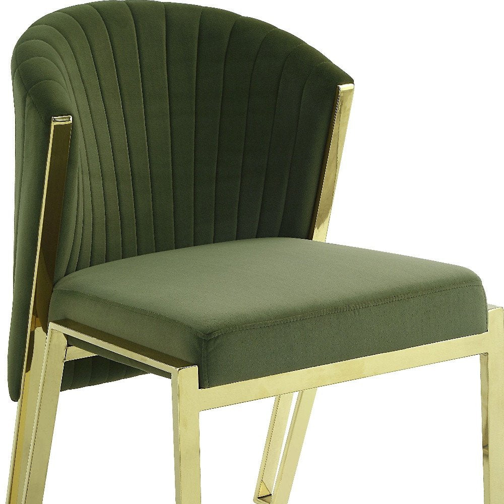 Set of Two Green and Gold Upholstered Velvet And Steel Wing Back Dining Side Chairs