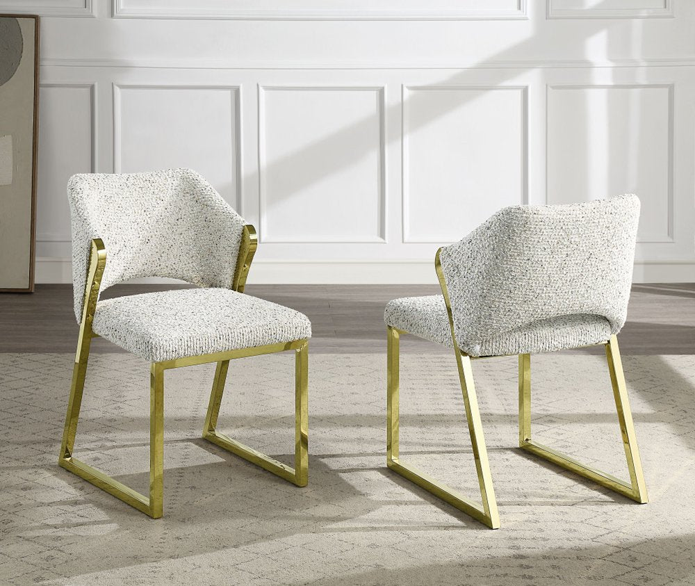 Beige and Gold Upholstered Boucle Wing Back Dining Side Chair
