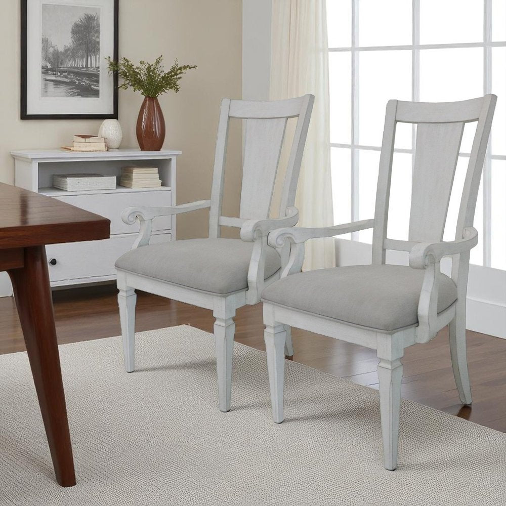 Set of Two Light Gray and White Upholstered Linen And Solid Wood Open Back Dining Arm Chairs