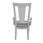 Set of Two Light Gray and White Upholstered Linen And Solid Wood Open Back Dining Arm Chairs