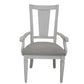 Set of Two Light Gray and White Upholstered Linen And Solid Wood Open Back Dining Arm Chairs