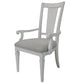 Set of Two Light Gray and White Upholstered Linen And Solid Wood Open Back Dining Arm Chairs