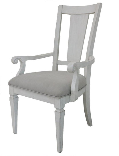 Set of Two Light Gray and White Upholstered Linen And Solid Wood Open Back Dining Arm Chairs