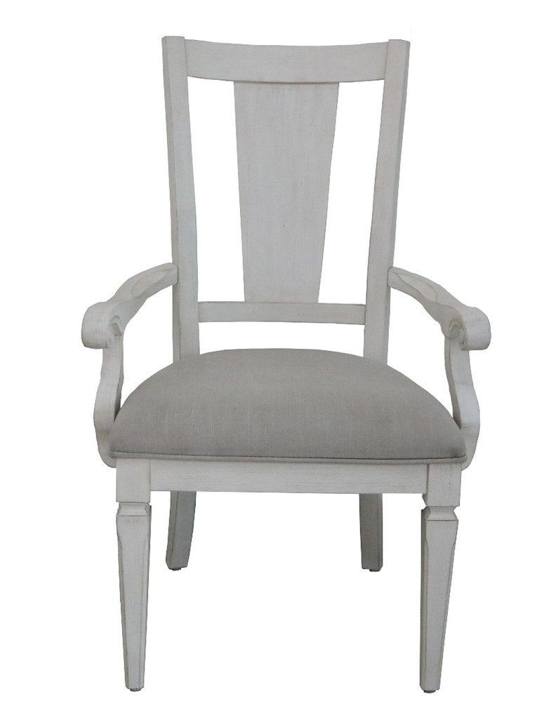 Set of Two Light Gray and White Upholstered Linen And Solid Wood Open Back Dining Arm Chairs