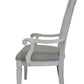Set of Two Light Gray and White Upholstered Linen And Solid Wood Open Back Dining Arm Chairs