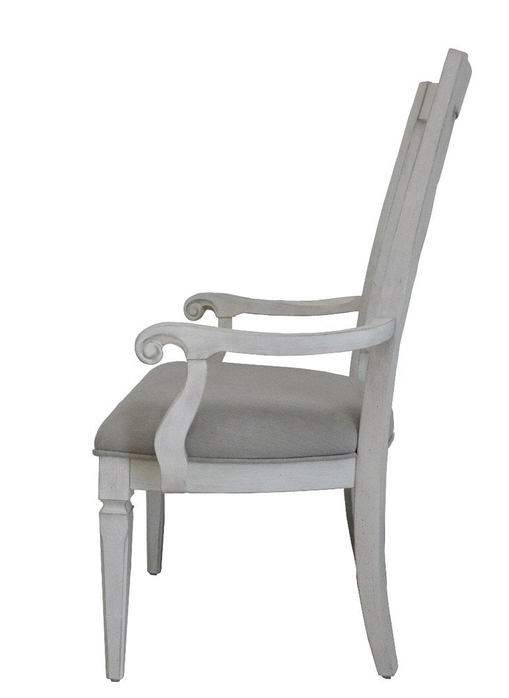 Set of Two Light Gray and White Upholstered Linen And Solid Wood Open Back Dining Arm Chairs
