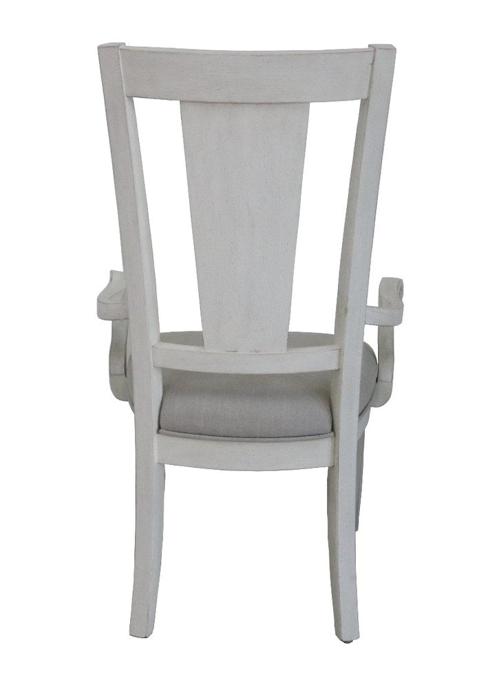 Set of Two Light Gray and White Upholstered Linen And Solid Wood Open Back Dining Arm Chairs
