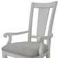 Set of Two Light Gray and White Upholstered Linen And Solid Wood Open Back Dining Arm Chairs