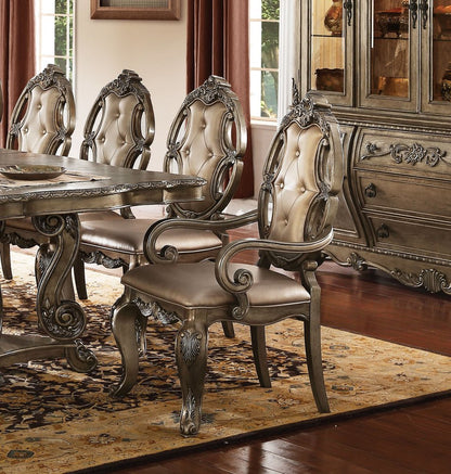 Set of Two Tufted Oak Upholstered Faux Leather And Solid Wood Dining Arm Chairs