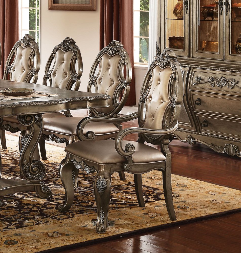 Set of Two Tufted Oak Upholstered Faux Leather And Solid Wood Dining Arm Chairs