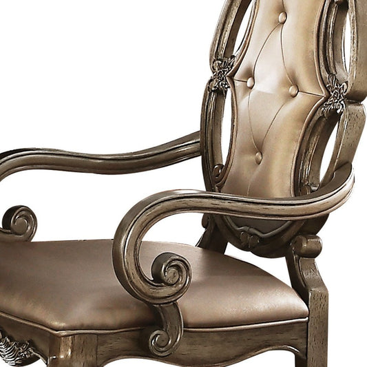 Set of Two Tufted Oak Upholstered Faux Leather And Solid Wood Dining Arm Chairs