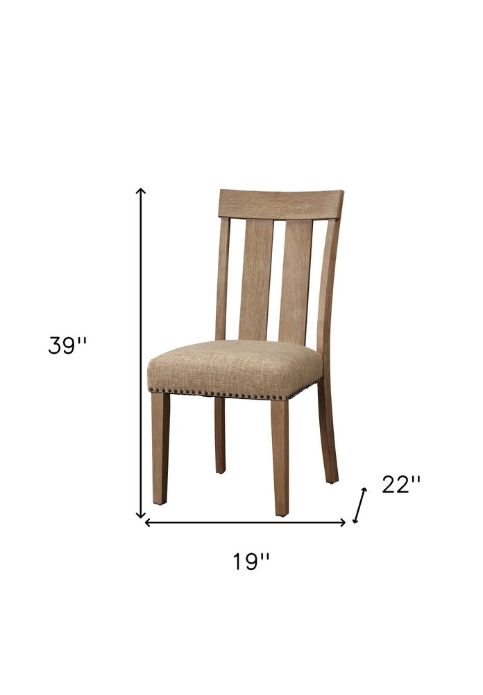 Set of Two Natural and Brown Upholstered Fabric And Solid Wood Slat Back Dining Side Chairs