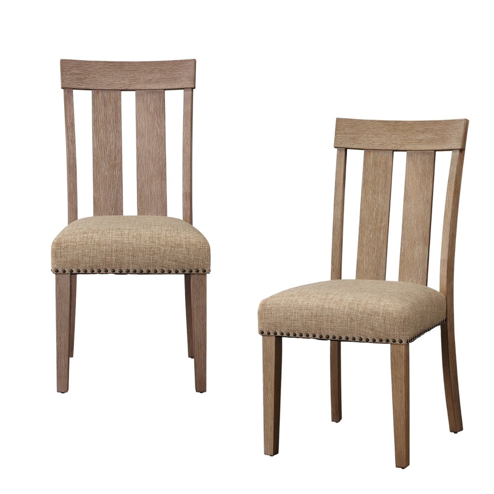 Set of Two Natural and Brown Upholstered Fabric And Solid Wood Slat Back Dining Side Chairs
