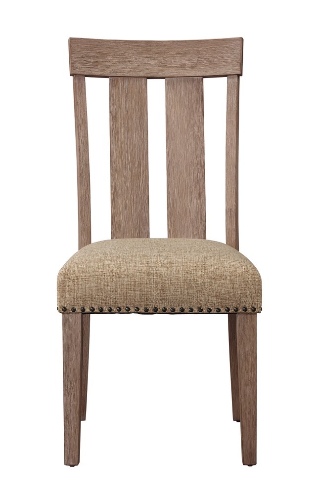Set of Two Natural and Brown Upholstered Fabric And Solid Wood Slat Back Dining Side Chairs