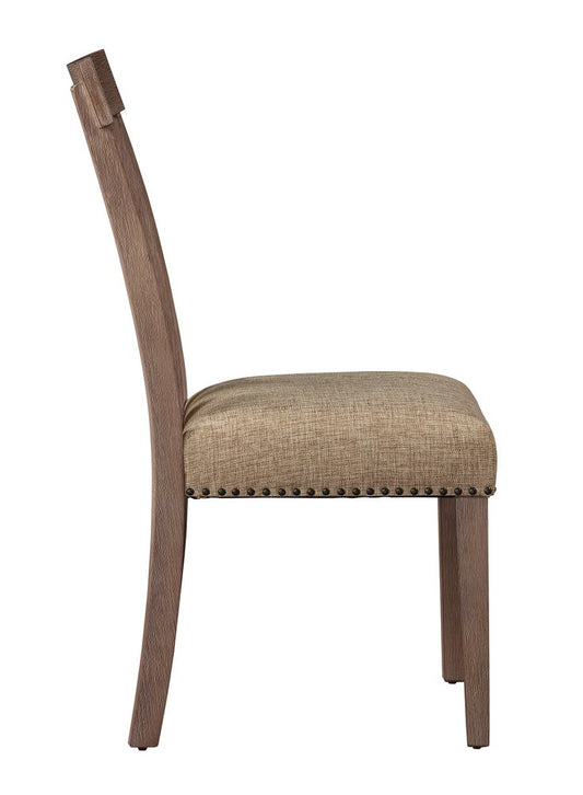 Set of Two Natural and Brown Upholstered Fabric And Solid Wood Slat Back Dining Side Chairs
