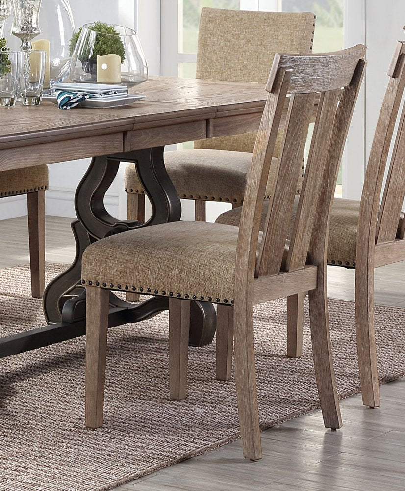 Set of Two Natural and Brown Upholstered Fabric And Solid Wood Slat Back Dining Side Chairs