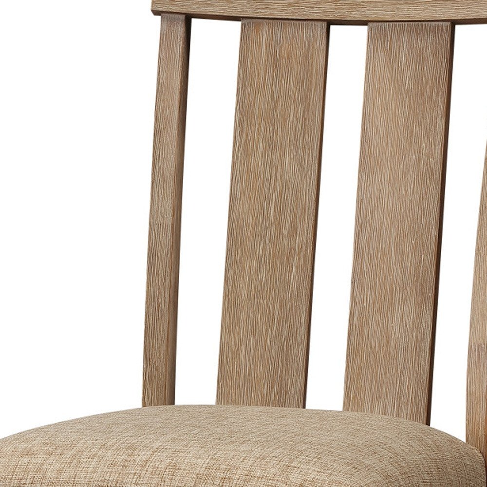 Set of Two Natural and Brown Upholstered Fabric And Solid Wood Slat Back Dining Side Chairs