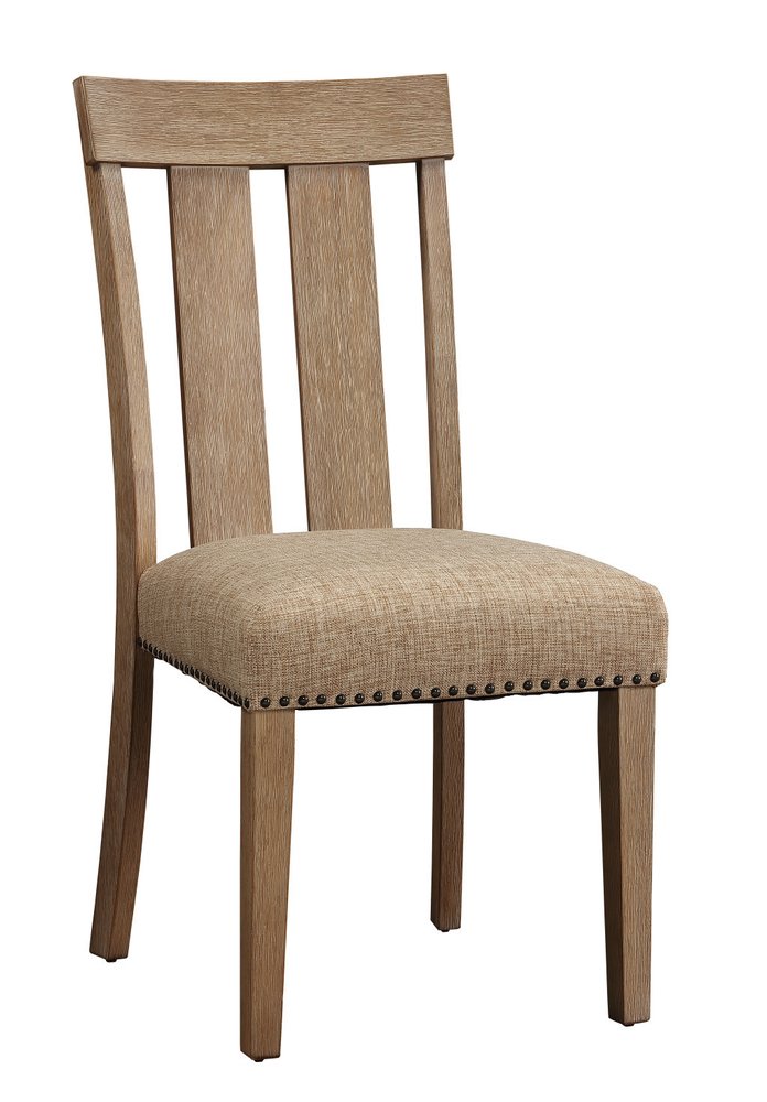 Set of Two Natural and Brown Upholstered Fabric And Solid Wood Slat Back Dining Side Chairs