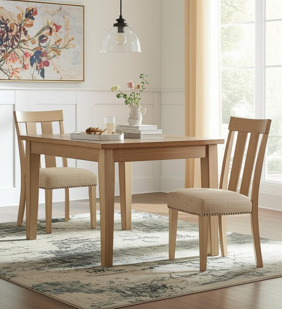 Set of Two Natural and Brown Upholstered Fabric And Solid Wood Slat Back Dining Side Chairs