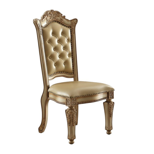 Set of Two Tufted Bone and Brass Upholstered Faux Leather And Wood Dining Side Chairs