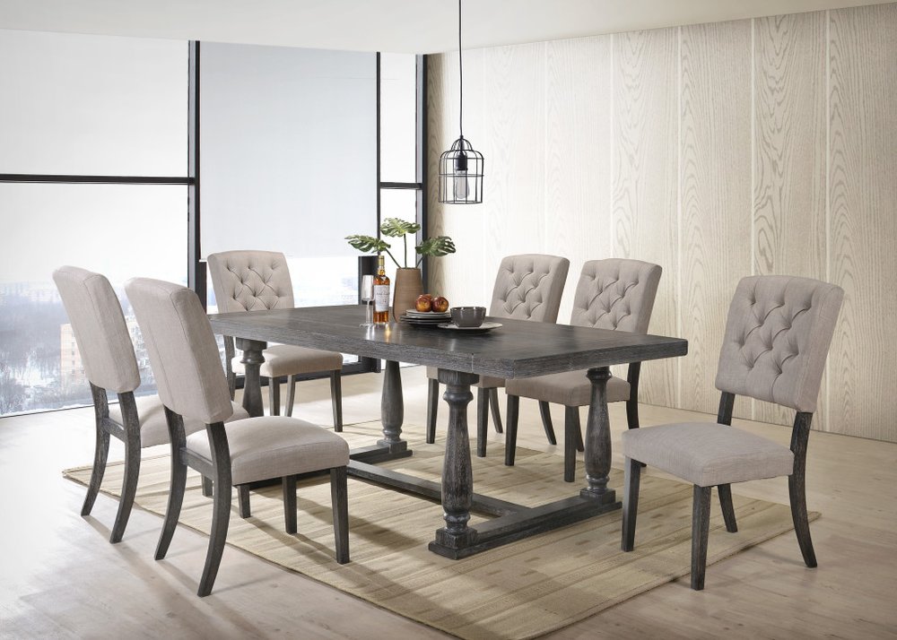 Set of Two Tufted Gray Upholstered Linen And Solid Wood Open Back Dining Side Chairs