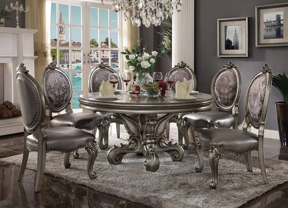 Set of Two Silver and Platinum Upholstered Faux Leather And Solid Wood King Louis Back Dining Side Chairs