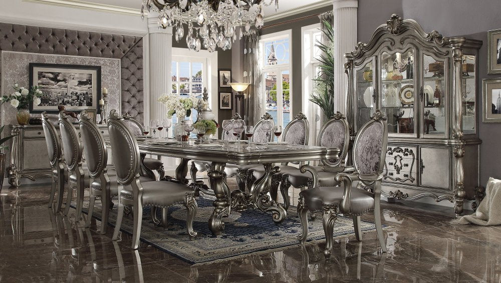 Set of Two Silver and Platinum Upholstered Faux Leather And Solid Wood King Louis Back Dining Side Chairs