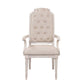 Set of Two Tufted Antiqued White and Champagne Upholstered Fabric And Solid Wood Dining Arm Chairs