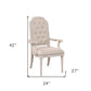 Set of Two Tufted Antiqued White and Champagne Upholstered Fabric And Solid Wood Dining Arm Chairs