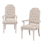 Set of Two Tufted Antiqued White and Champagne Upholstered Fabric And Solid Wood Dining Arm Chairs