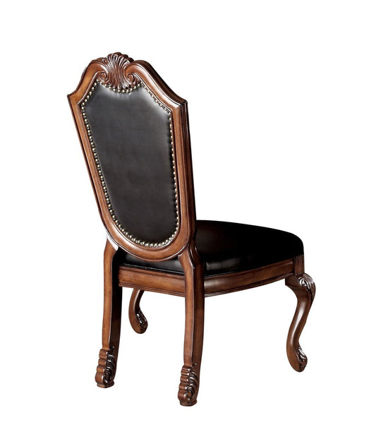 Set of Two Black and Redwood Upholstered Faux Leather And Solid Wood Dining Side Chairs