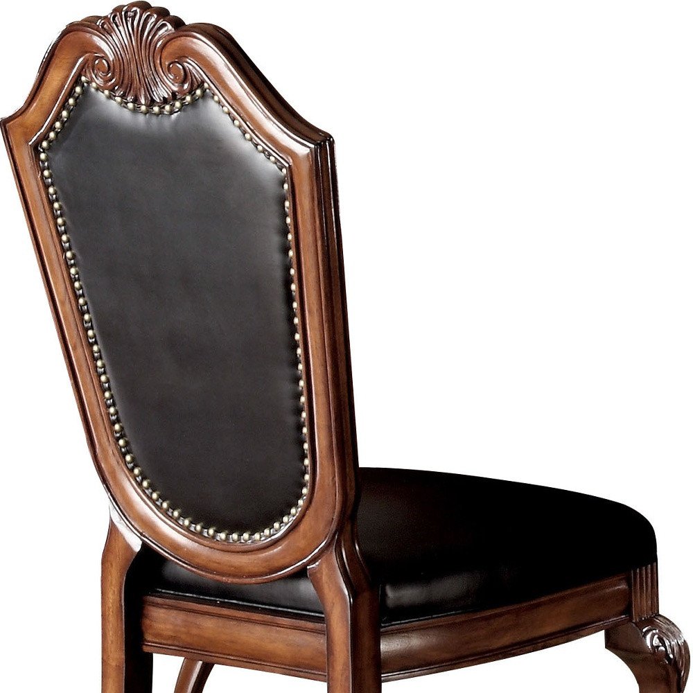 Set of Two Black and Redwood Upholstered Faux Leather And Solid Wood Dining Side Chairs