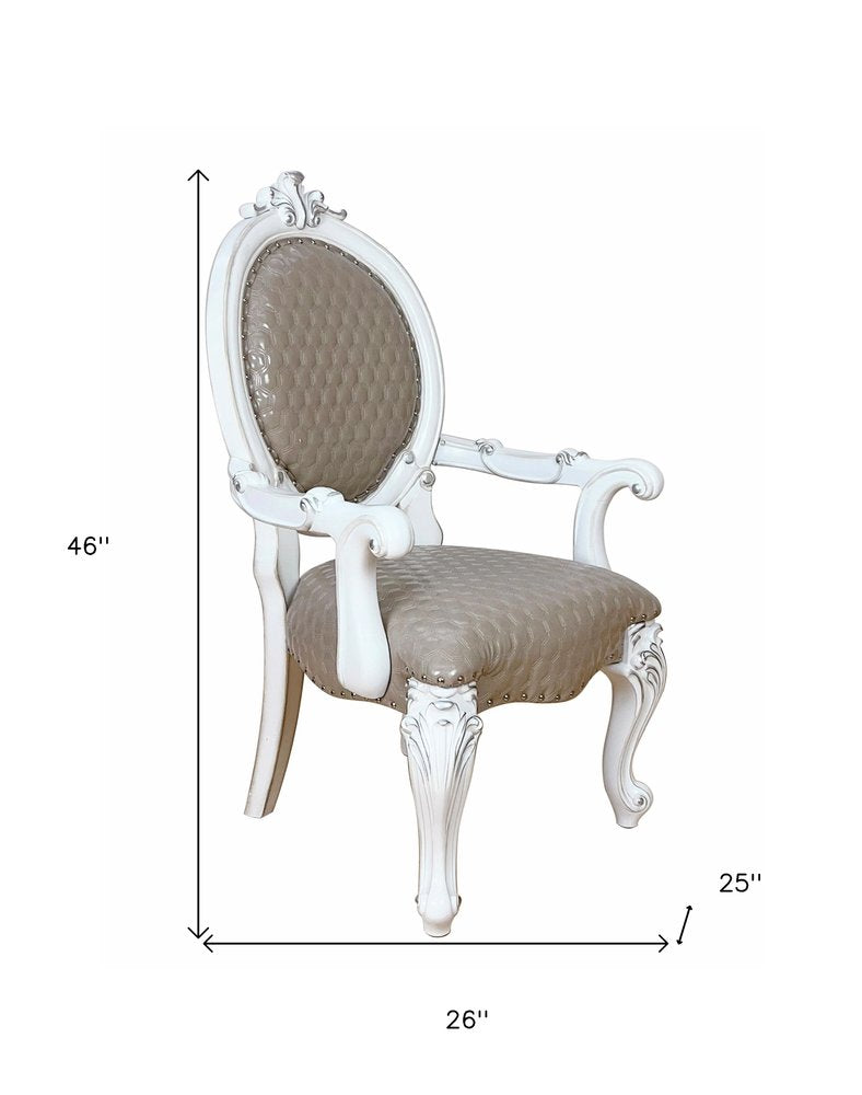 Set of Two Gray and White Upholstered Faux Leather And Solid Wood King Louis Back Dining Arm Chairs