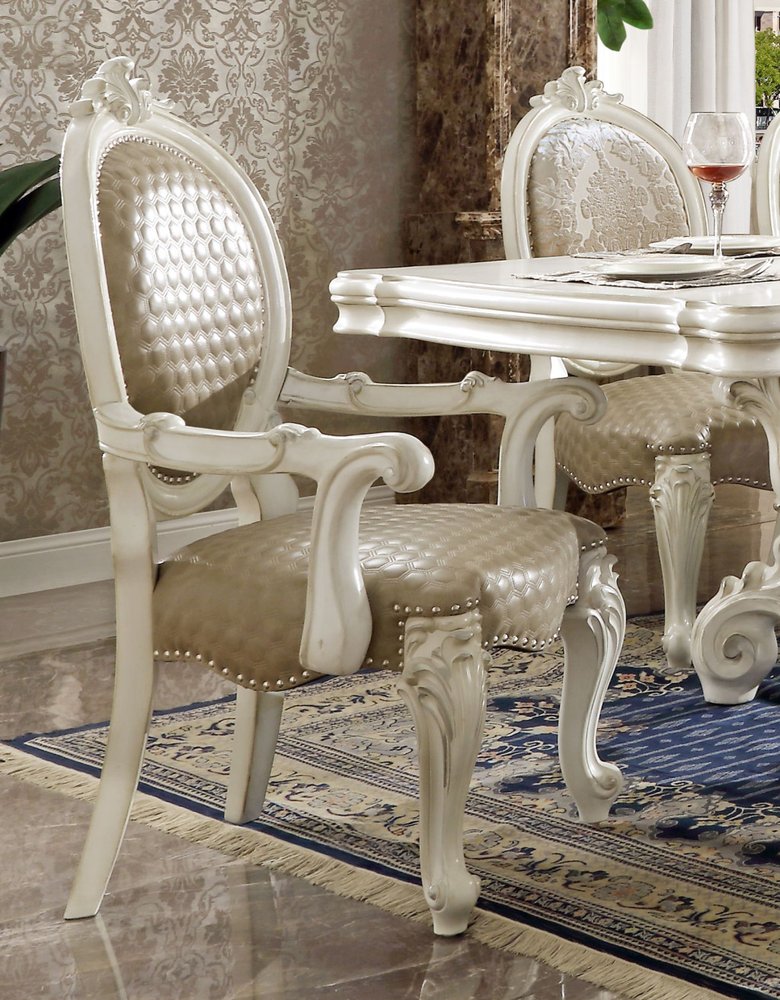 Set of Two Gray and White Upholstered Faux Leather And Solid Wood King Louis Back Dining Arm Chairs