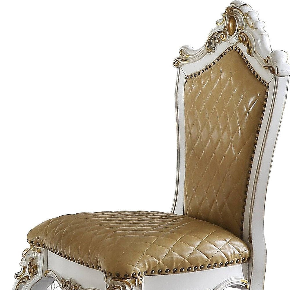 Set of Two 24" Brown and Pearl Faux Leather and Solid Wood Counter Height Bar Chairs