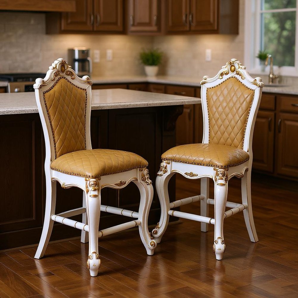 Set of Two 24" Brown and Pearl Faux Leather and Solid Wood Counter Height Bar Chairs
