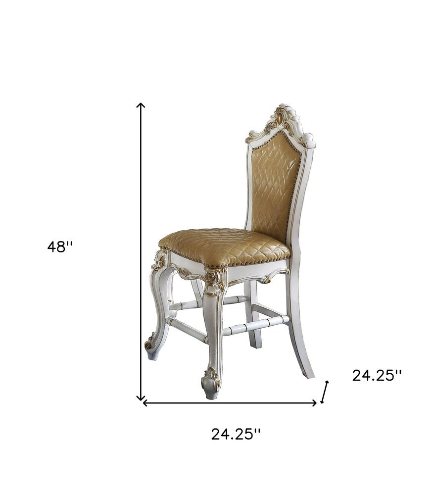 Set of Two 24" Brown and Pearl Faux Leather and Solid Wood Counter Height Bar Chairs