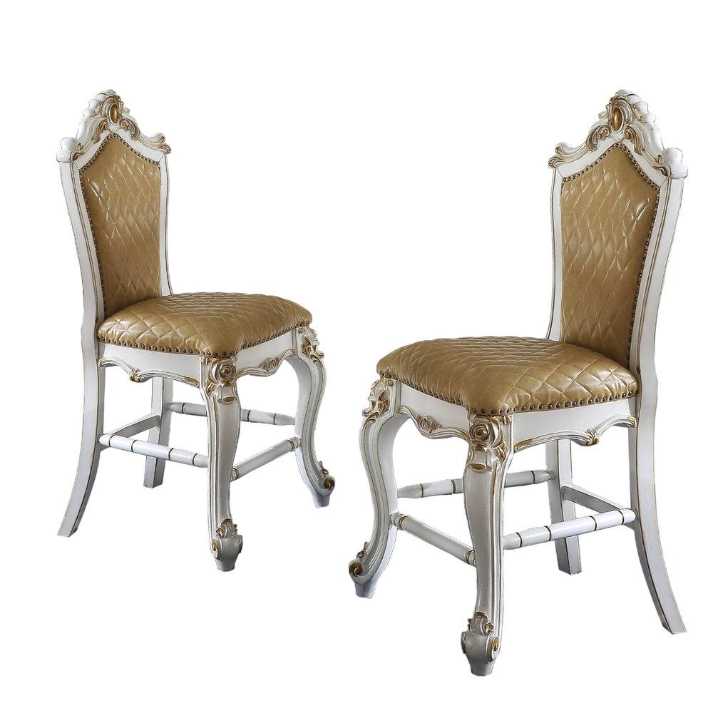 Set of Two 24" Brown and Pearl Faux Leather and Solid Wood Counter Height Bar Chairs