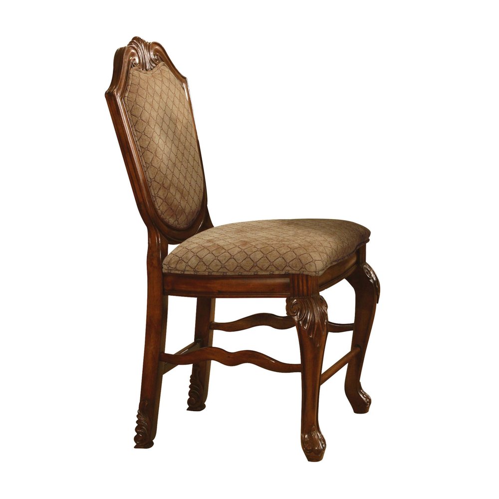 Set of Two 24" Beige and Brown Fabric and Solid Wood Counter Height Bar Chairs