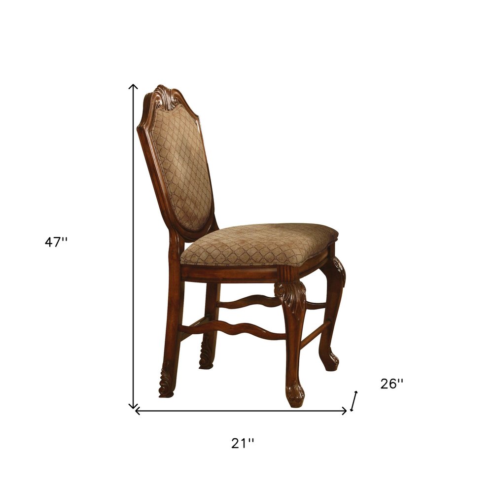 Set of Two 24" Beige and Brown Fabric and Solid Wood Counter Height Bar Chairs