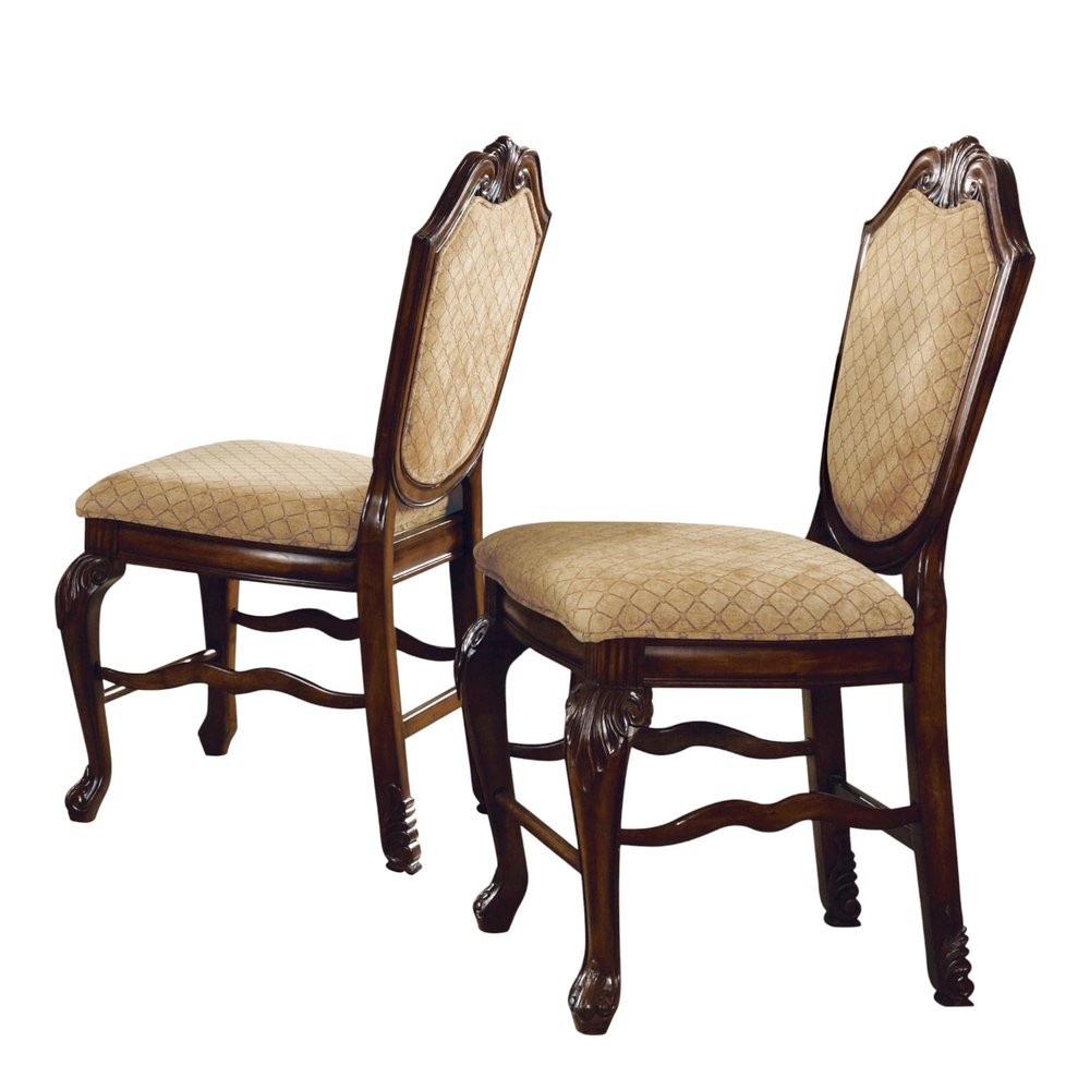 Set of Two 24" Beige and Espresso Fabric and Solid Wood Counter Height Bar Chairs