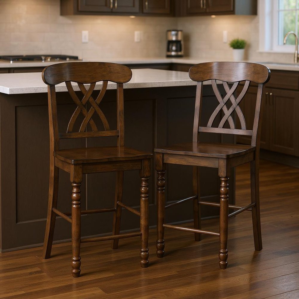 Set of Two 24" Walnut Solid Wood Counter Height Bar Chairs