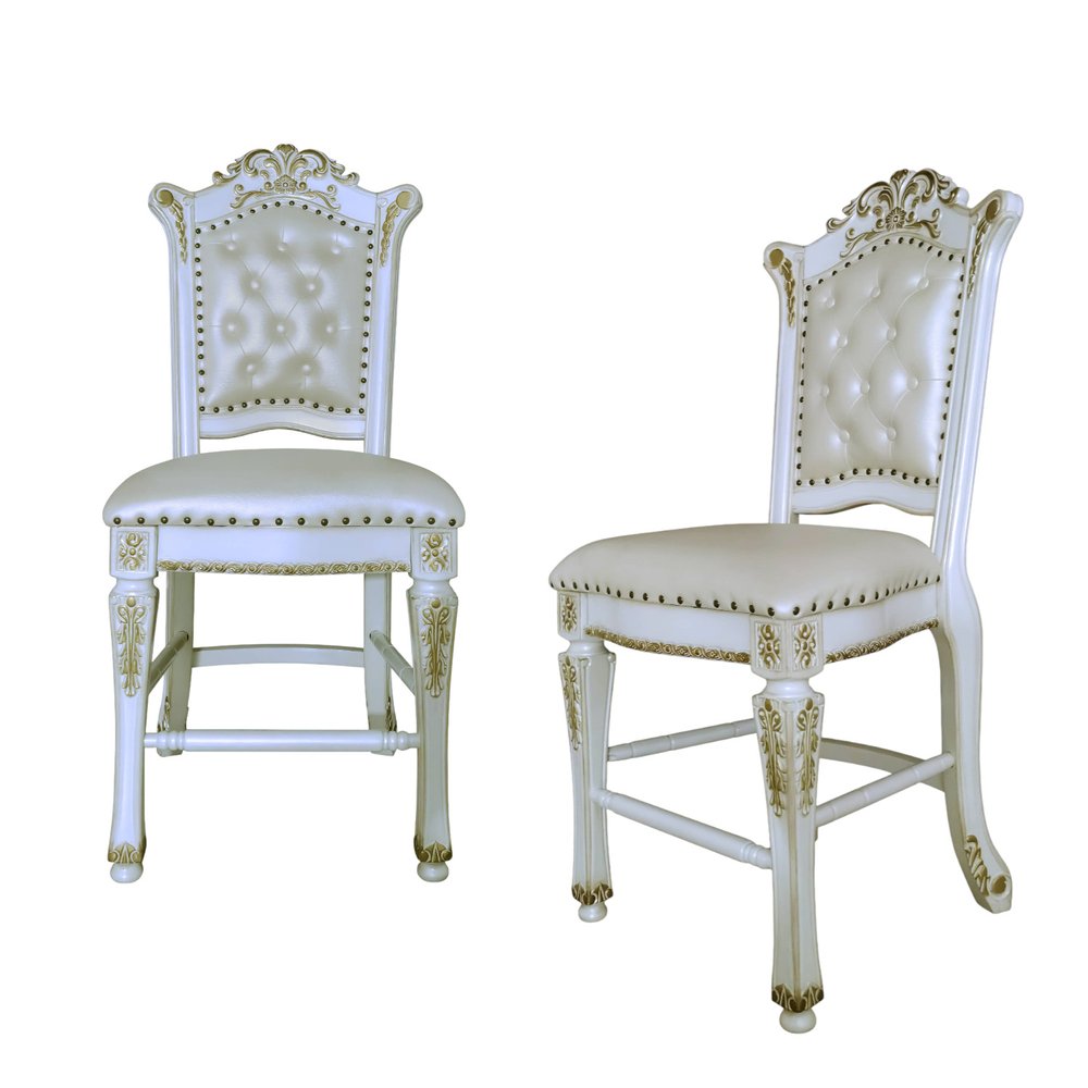 Set of Two 24" Pearl and White Faux Leather and Wood Counter Height Bar Chairs