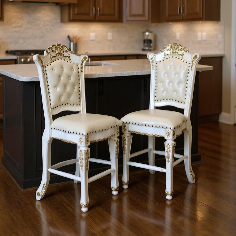 Set of Two 24" Pearl and White Faux Leather and Wood Counter Height Bar Chairs