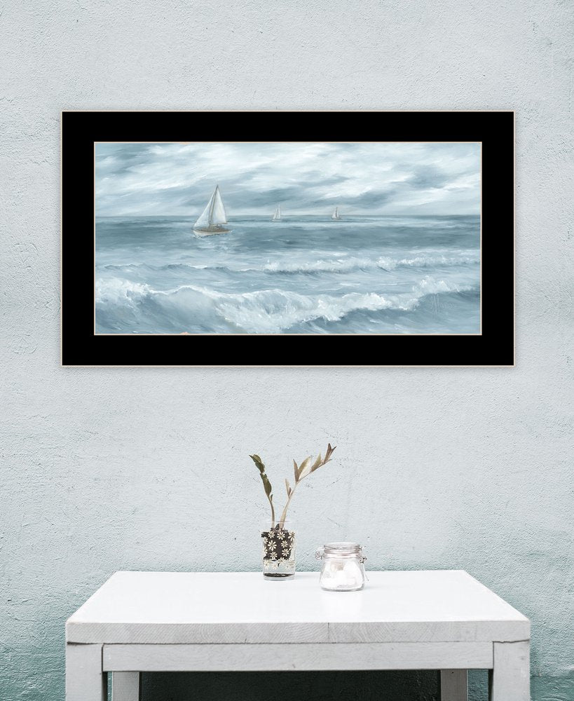 Three Sailboats Ocean Scene Black Framed Wall Art