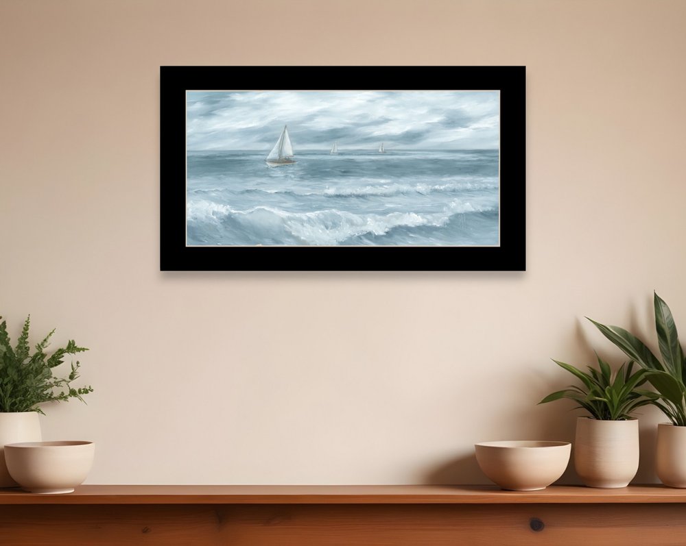 Three Sailboats Ocean Scene Black Framed Wall Art