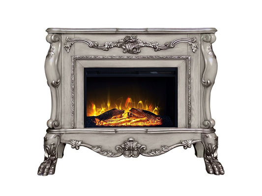 47" Bone Wood Ornate Carved Scrollwork Electric Free Standing Fireplace With Mantle
